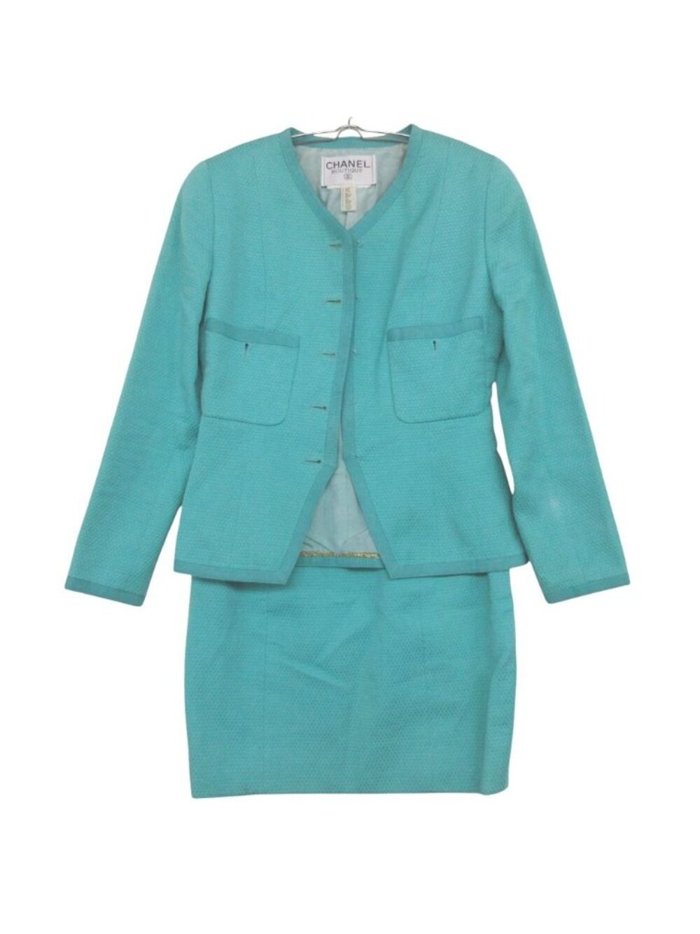 Chanel Suit Vintage Allover Jacquard Set Collarless Jacket Tight Skirt Light